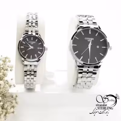 ساعت ست CITIZEN استیل سفید صفحه مشکی کد 20006
