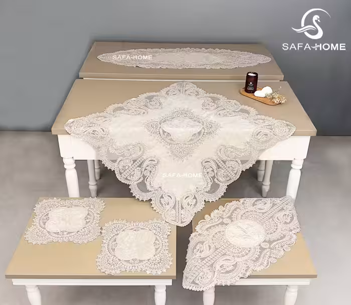 رومیزی پاشا منجوق و مروارید طرح رینا 5 تکه