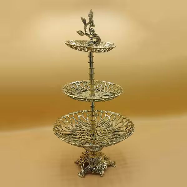 شیرینی خوری برنجی دو طبقه ارتفاع 50 قطر 23 12 و 17 کد 120027