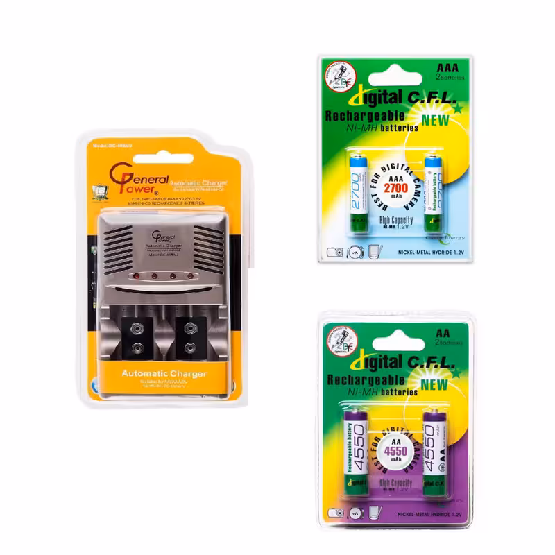 شارژر باتری GP مدل 408 به همراه باتری‌های قلمی و نیم‌قلمی قابل شارژ