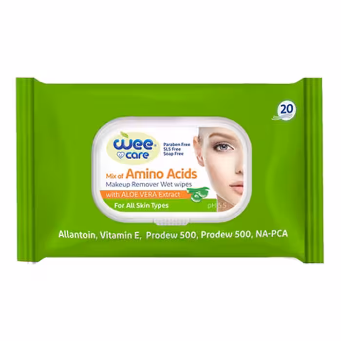دستمال مرطوب پاک کننده آرایش وی کر 20 برگی پاکتی دربدار-غنی شده با پروتئین آمینو اسید-Amino Acids