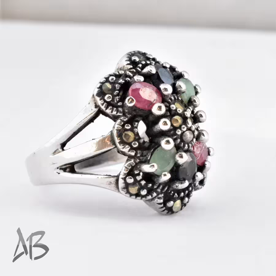 انگشتر نقره زنانه چند جواهر اصل سیاه قلم تایلندی عیار 925 کد 379 آقابزرگ