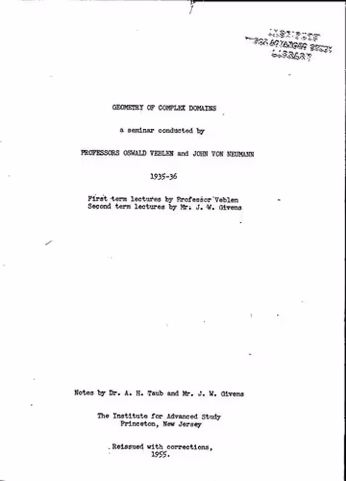 خرید و دانلود نسخه کامل کتاب Geometry of Complex Domains; a seminar conducted by Professors Oswald Veblen and John Von Neumann, 1935-36.