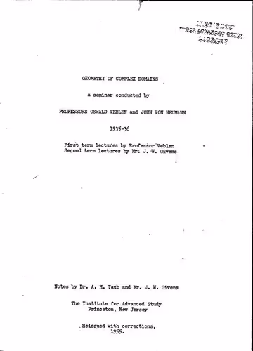 خرید و دانلود نسخه کامل کتاب Geometry of Complex Domains; a seminar conducted by Professors Oswald Veblen and John Von Neumann, 1935-36.