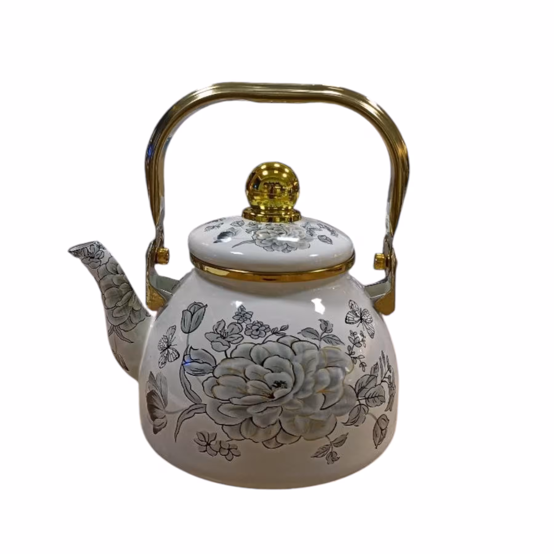 کتری لعابی دسته طلایی 1.5 لیتری سفید گل طوسی