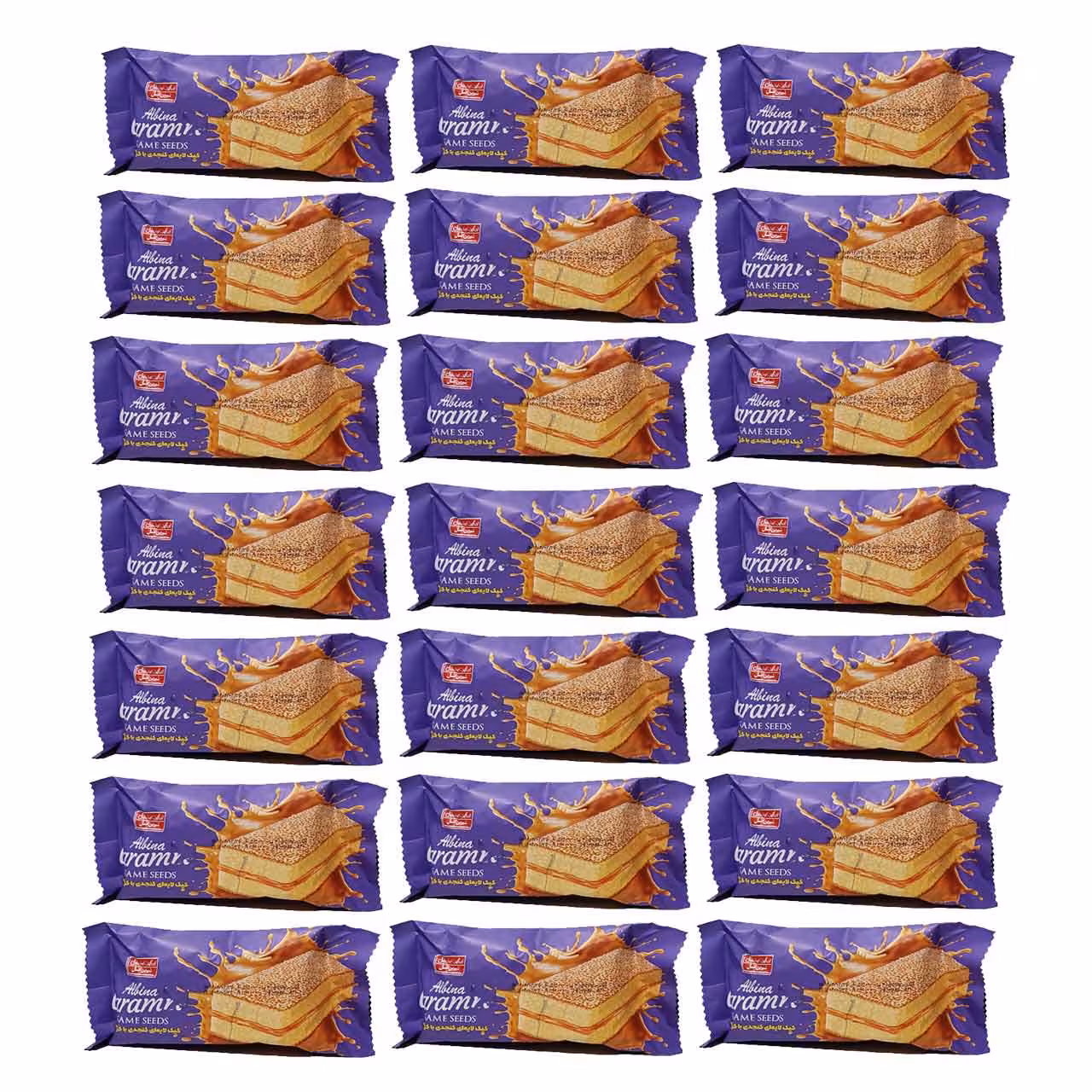 کیک لایه ای کنجدی با کرم کاراملی آلبینا شیرین عسل 40 گرمی بسته 36 عددی