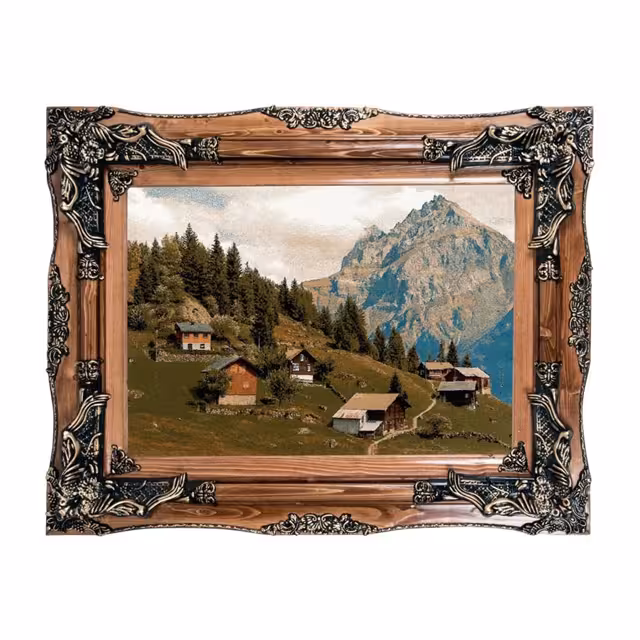 تابلو فرش ماشینی دنیای فرش طرح خانه های کوهستانی کد 168