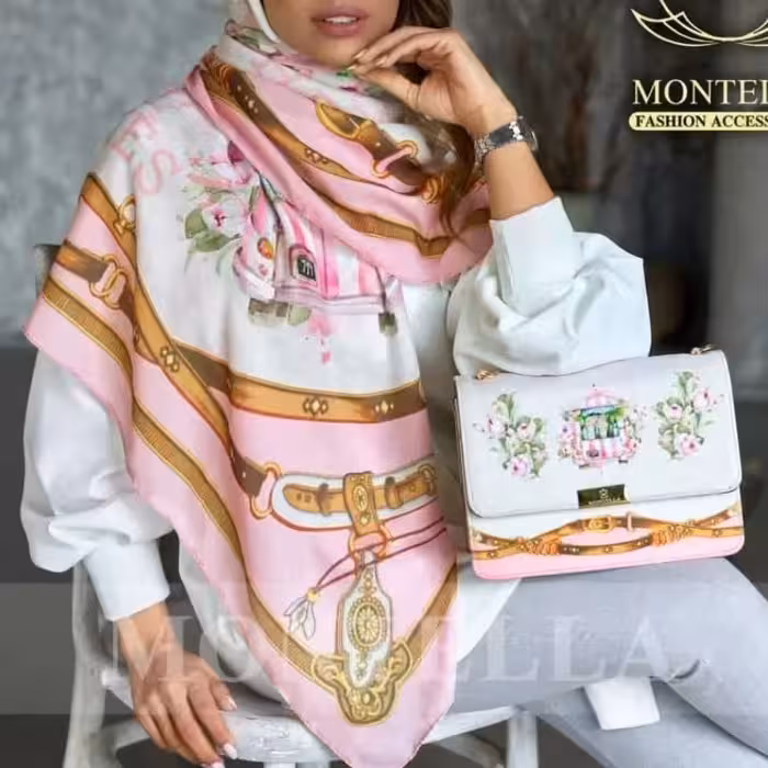 ست کیف پاسپورتی و روسری یا شال طرح هرمس زمینه صورتی برند مونتلا