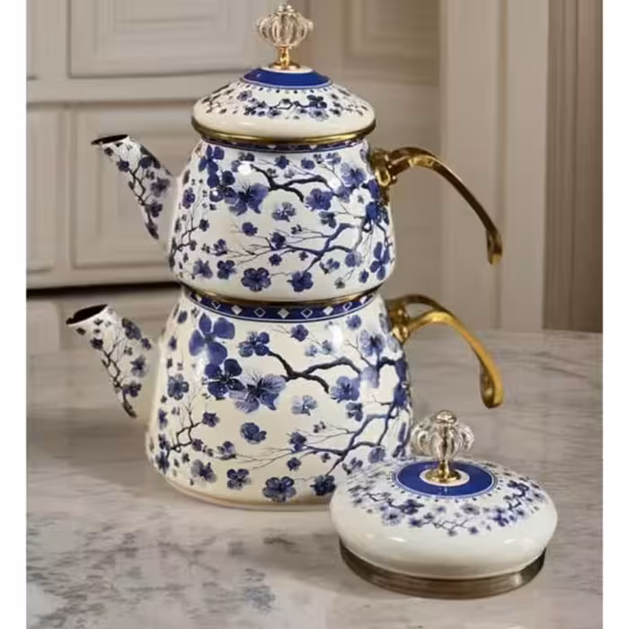 ست کتری و قوری لعابی برند شاهین محصول ترکیه مدل گل آبی