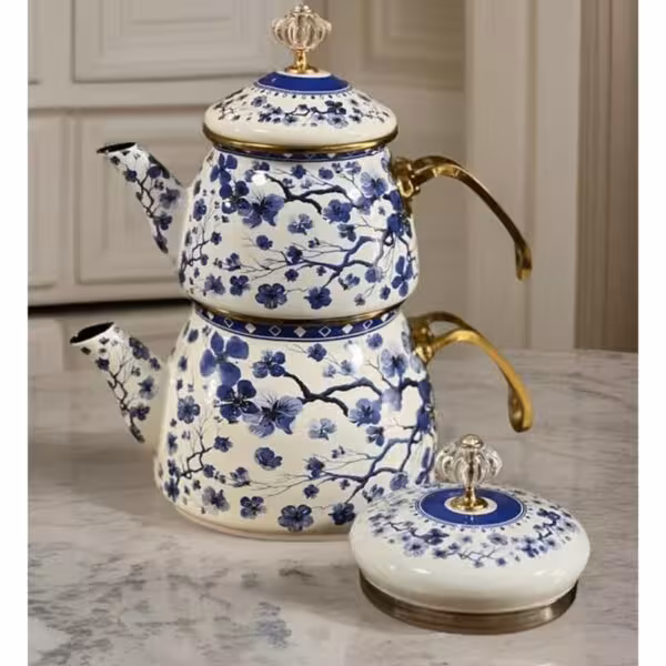 ست کتری و قوری لعابی برند شاهین محصول ترکیه مدل گل آبی