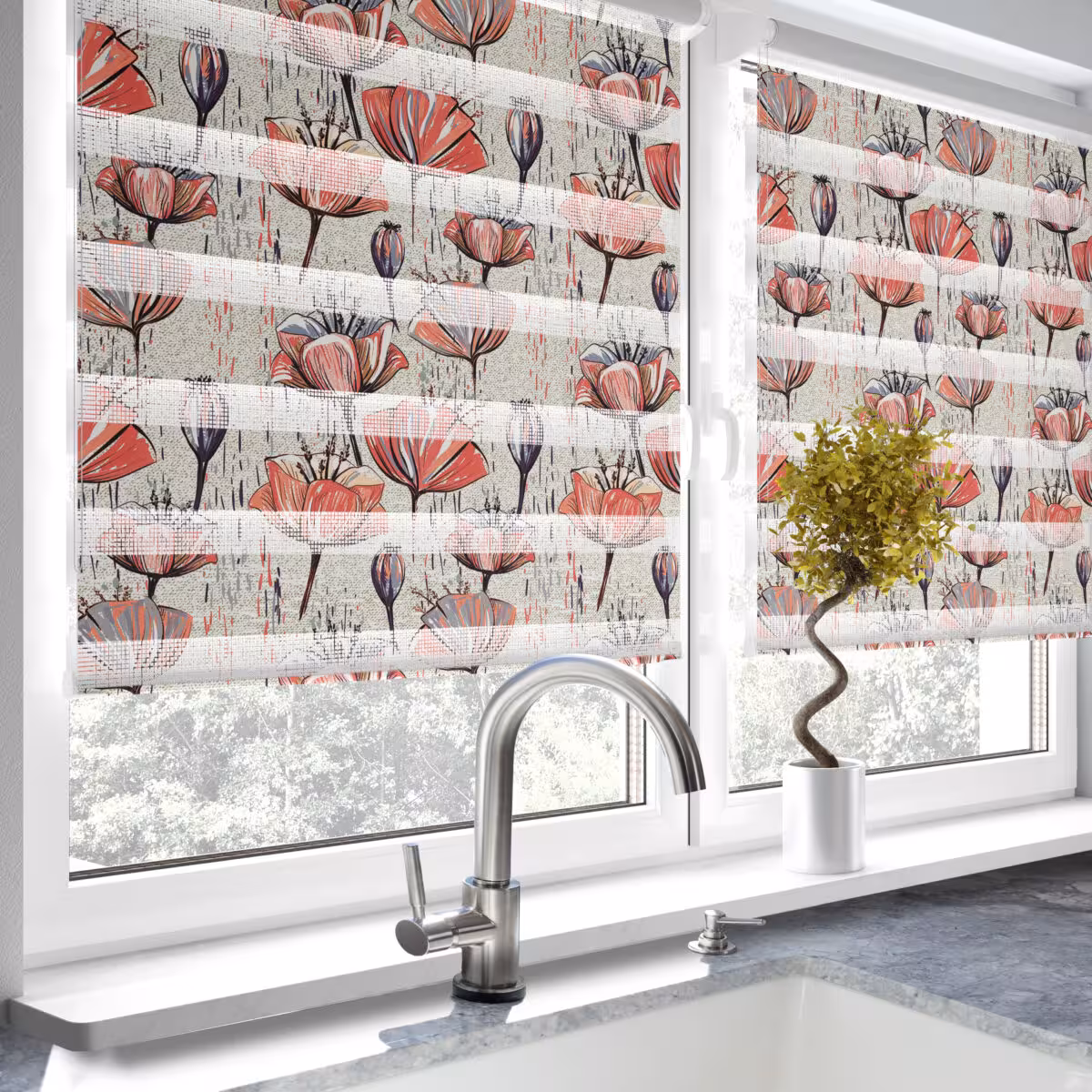 پرده زبرا طرح گل ژرانیوم آشپزخانه کد 1709