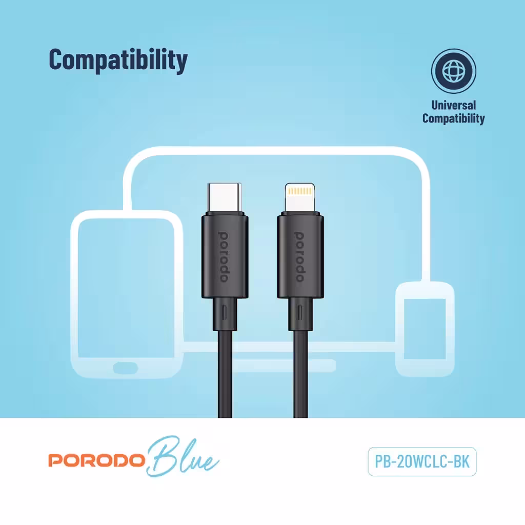 کابل Porodo مدل Blue 20WCLC USB-C to Lightning PVC 1.2m,27W