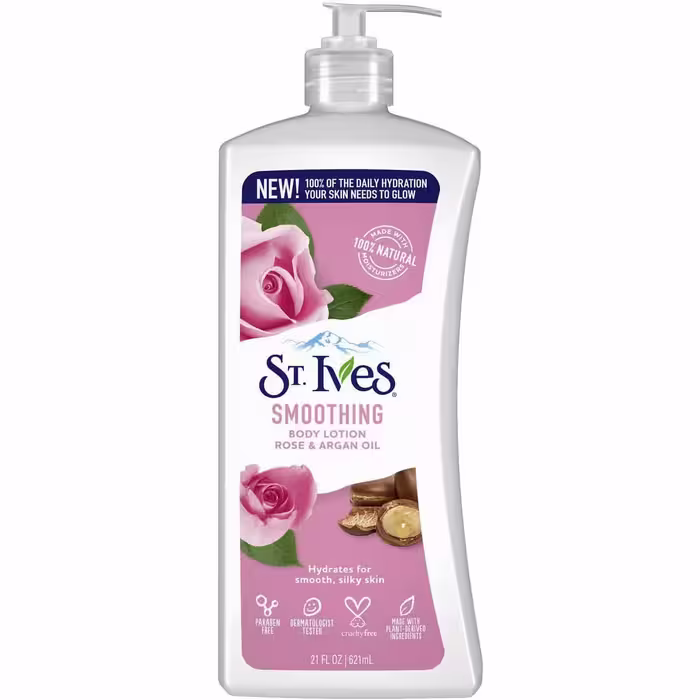 لوسیون بدن گل رز و روغن آرگان سینت ایوز اصل St Ives Smoothing حجم 621 میلی لیتر