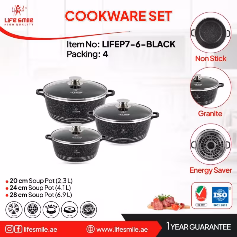 سرویس قابلمه 6 پارچ لایف اسمایل گرانیت سایز 20_24_28 مدل Lifep7