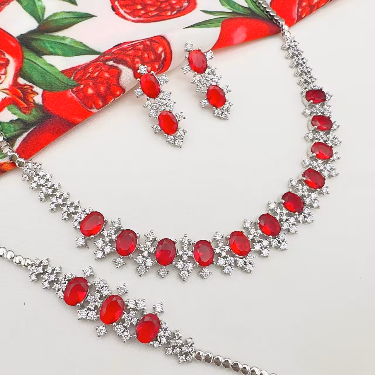 سرویس نقره مجلل یاقوت سرخ جواهری زنانه کد 60231