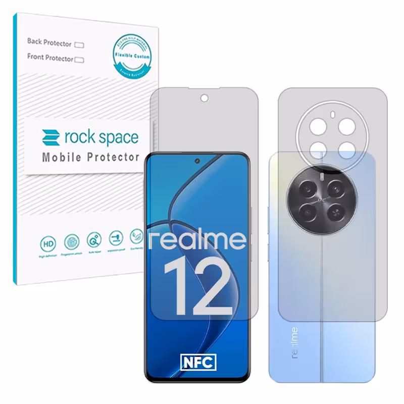 گلس صفحه نمایش و پشت گوشی ریلمی Realme 12 4G مدل نانو هیدروژل شفاف برند راک اسپیس کد SS