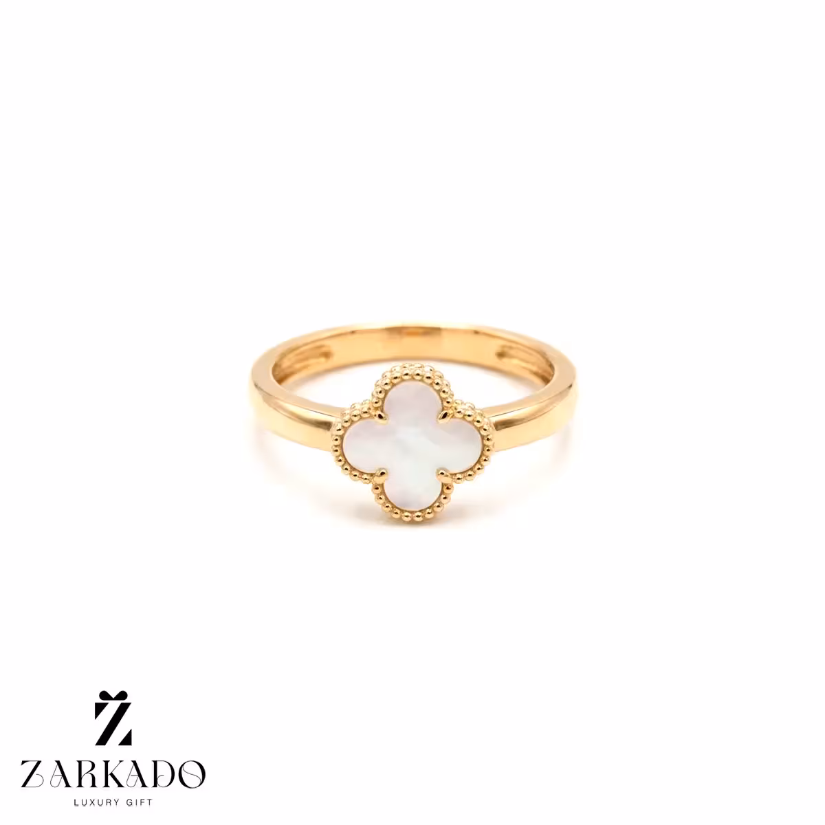 انگشتر طلا طرح ونکلیف تک گل سنگ سفید صدفی سایز کوچک - زرکادو