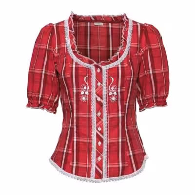 شومیز سفید و قرمز چهارخونه گیپوردار برند اسمارا ، جنس 100 درصد نخ