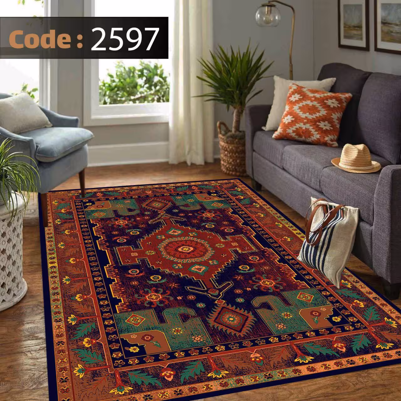 کاورفرش روفرشی دورکشدار گوشه لیفه ای لاکی ، آبی و متنوع کد 2597