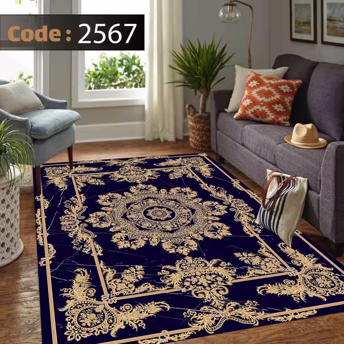 کاورفرش روفرشی دورکشدار گوشه لیفه ای لاکی ، آبی و متنوع کد 2567