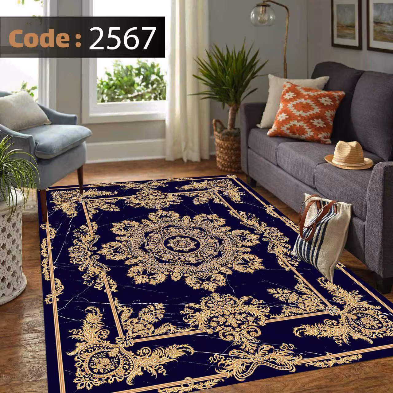 کاورفرش روفرشی دورکشدار گوشه لیفه ای لاکی ، آبی و متنوع کد 2567