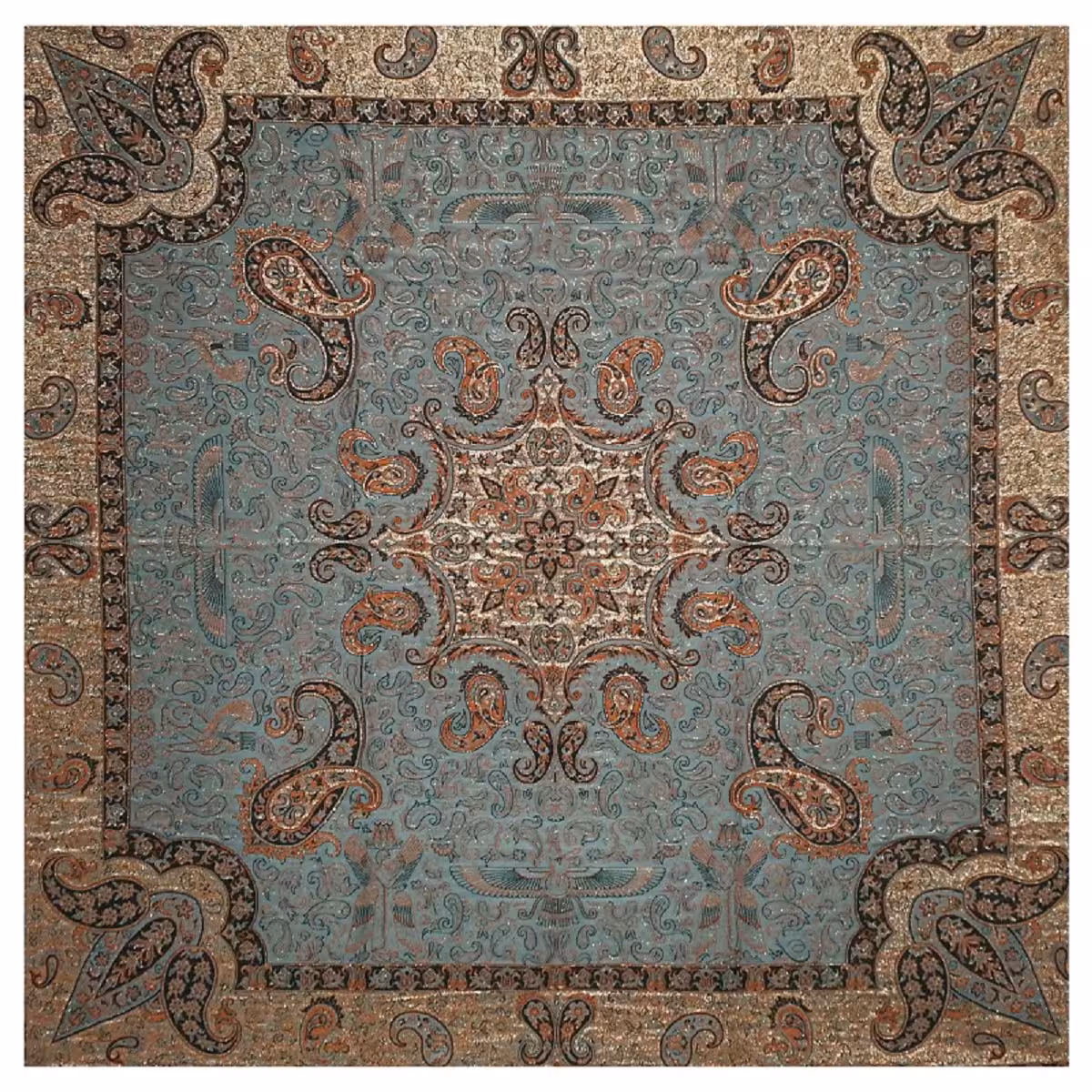 رومیزی مربع ترمه ابریشم کد TRM37 نفیس رنگ سبزآبی آستر سبزآبی لبه یراق دوزی