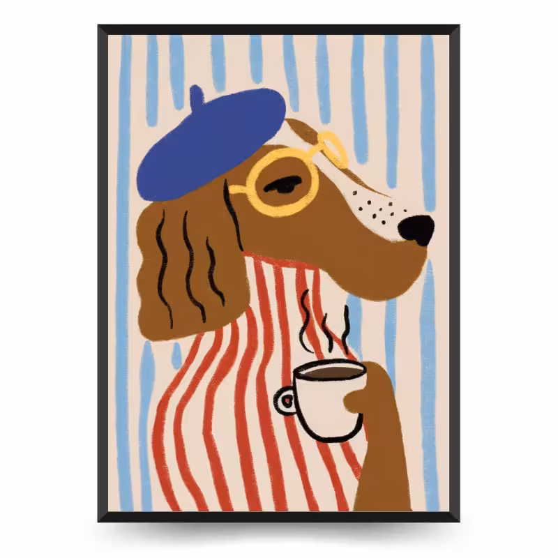 تابلو و پوستر فانتزی کودکانه طرح سگ قهوه به دست