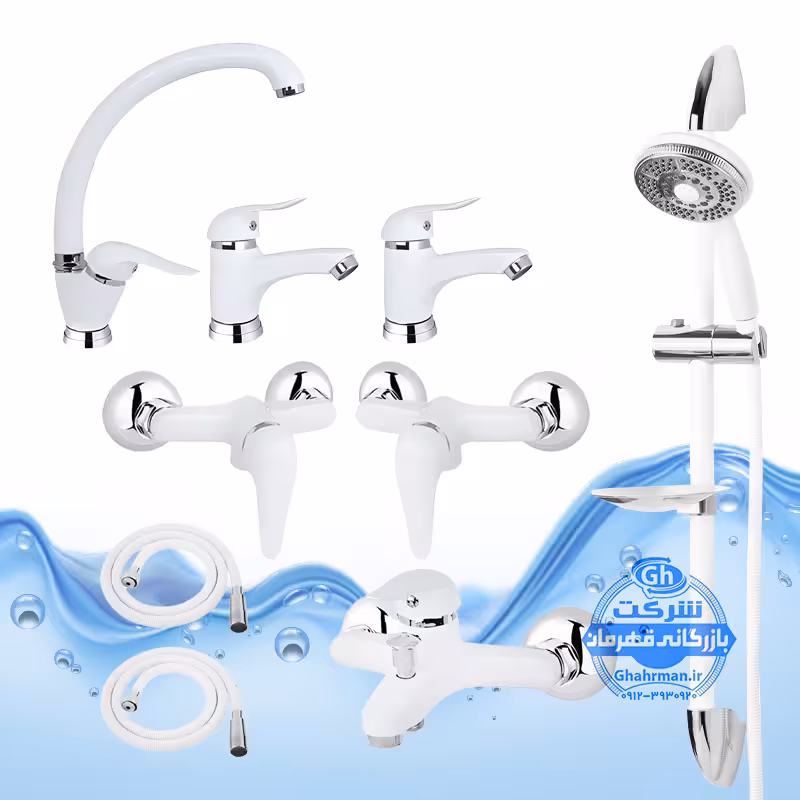 ست 9 عددی شیرآلات برند آیدا صنعت مدل قهرمان اردکی | شیر ظرفشویی   دو عدد شیر روشویی   شیر حمام   دو عدد شیر توالت   علم دوش یونیکا   دو عدد شلنگ توالت | سفید کروم براق