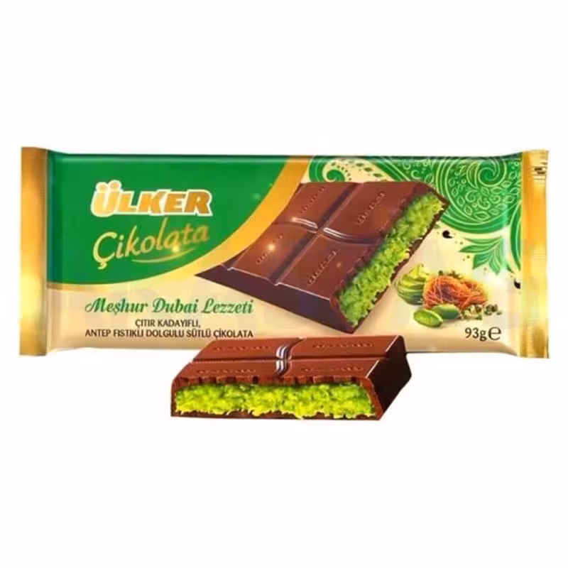 شکلات دبی اولکر تخته‌ای با مغز کادایف و پسته وزن 93 گرمی