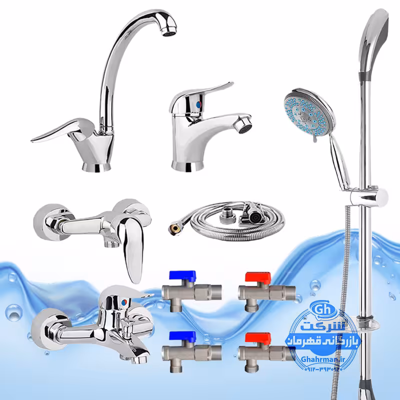 ست 10 عددی شیرآلات برند آیدا صنعت مدل قهرمان اردکی | شیر ظرفشویی   شیر روشویی   شیر حمام   شیر توالت   علم دوش یونیکا   شلنگ توالت   چهار عدد شیر پیسوار | کروم براق