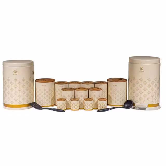 سرویس 17 پارچه اورانوس مدل رمبیک رنگ کرم با درب چوبی