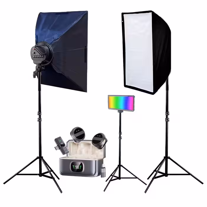 کیت سافت باکس 5 لامپ با نور رنگی بکگراند و میکروفون F-kit22