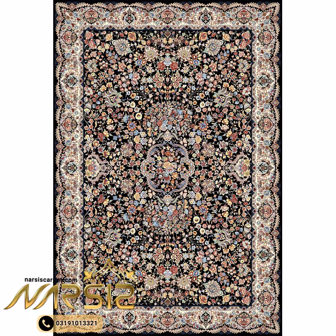 فرشینه فرش طرح فرش هزار گل رنگ سرمه ای کد 9012