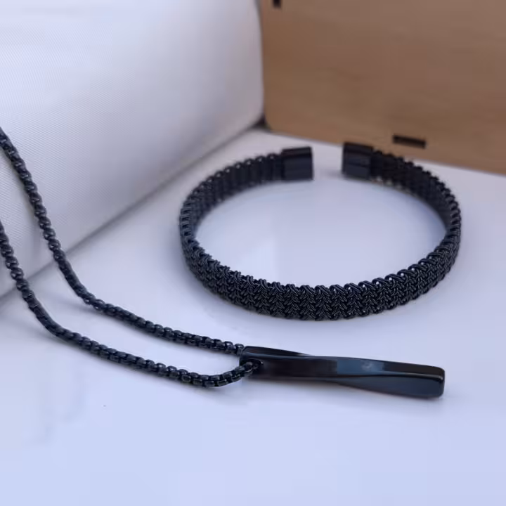 ست دستبند و گردنبند مشکی پسرانه استیل