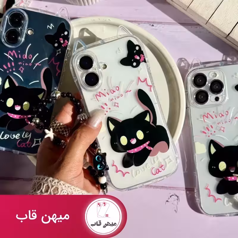 قاب گوشی دخترانه گربه مشکی گوش دار با آویز - کد (130812)