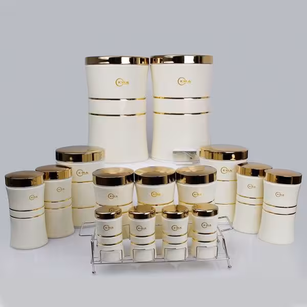 سرویس آشپزخانه 16 پاچه کمرباریک کرم درب طلا C0004
