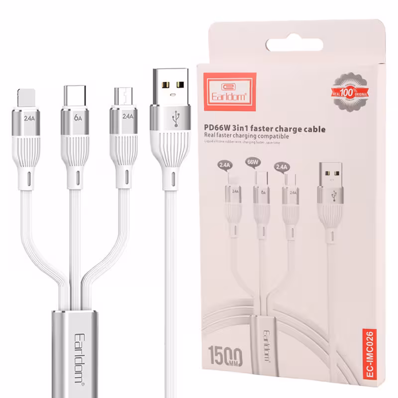 کابل 3 سر فست شارژ Earldom EC-IMC026 2.4A PD 66W 1.5m
