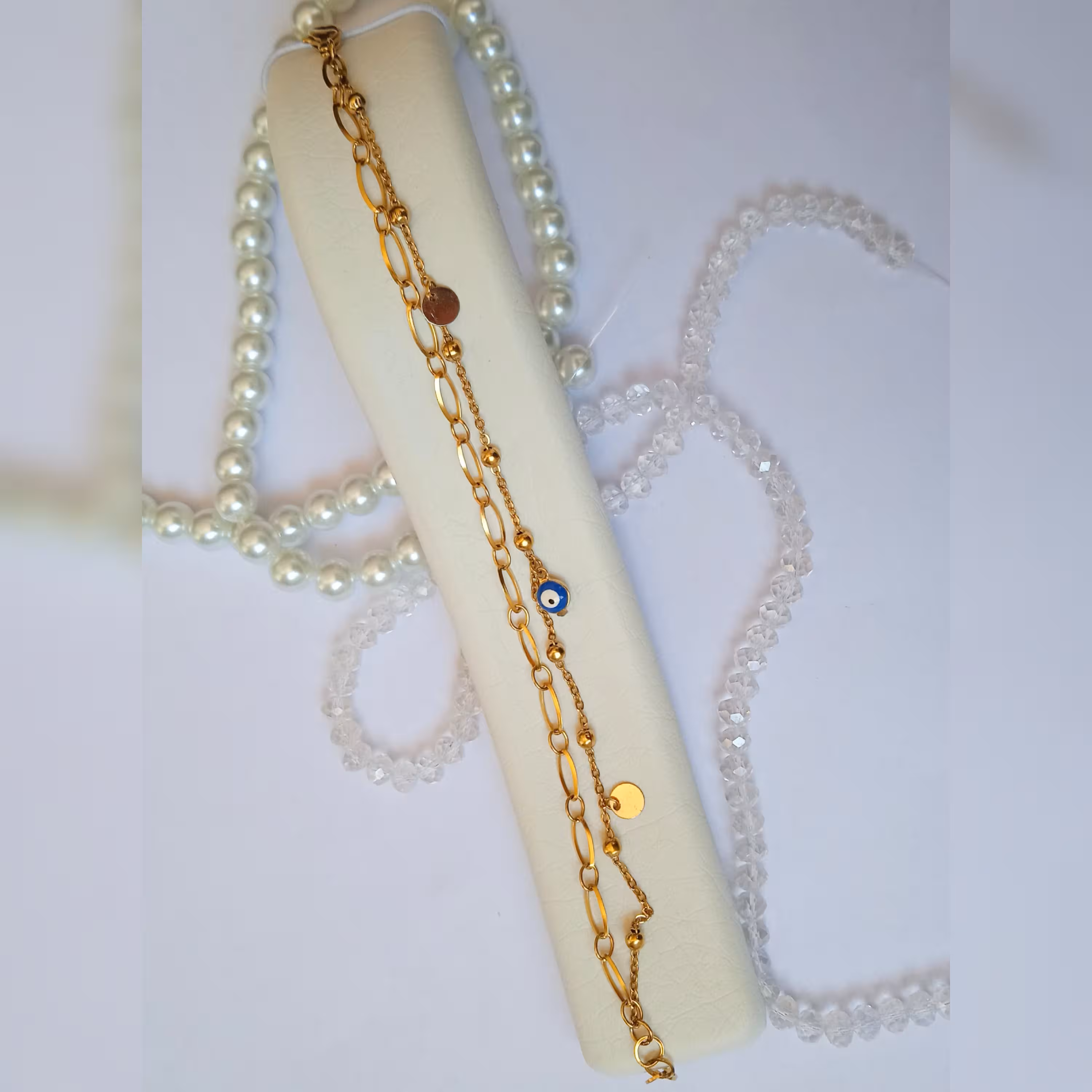 دستبند تیفانی دوردیفه آویزدار چشم نظر با سکه ریز استیل رنگ ثابت 