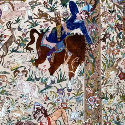 فرش دستباف 12 متری پورمعمار مدل شکارگاه کد 110