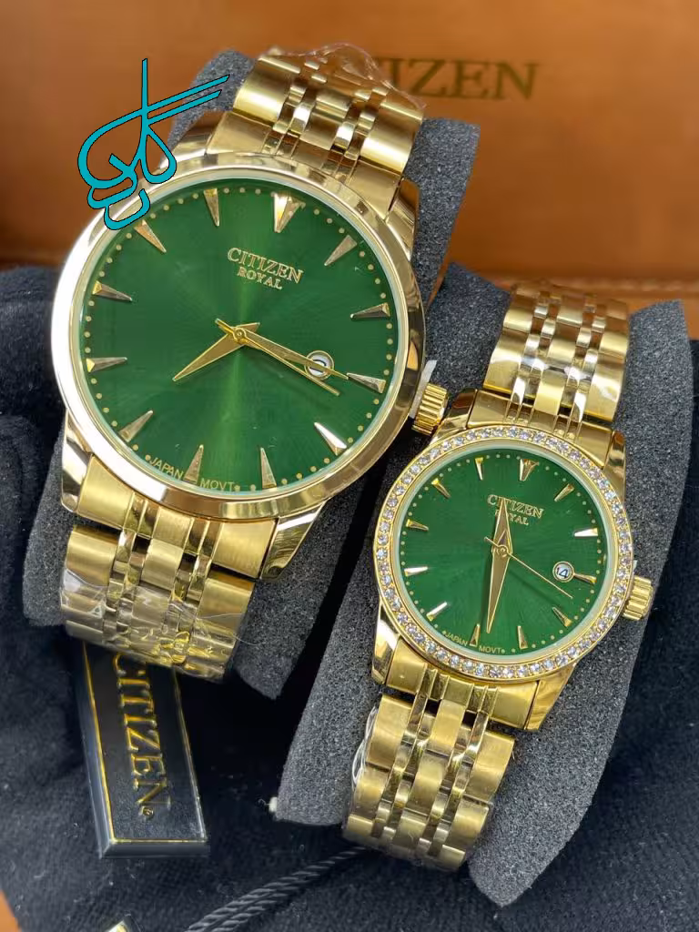 خرید ست ساعت زنانه و مردانه سیتیزن رویال موتور ژاپن رنگ ثابت صفحه سبز بند طلایی ضد حساسیت مقاوم در برابر آب کد 2115837 - ردگل