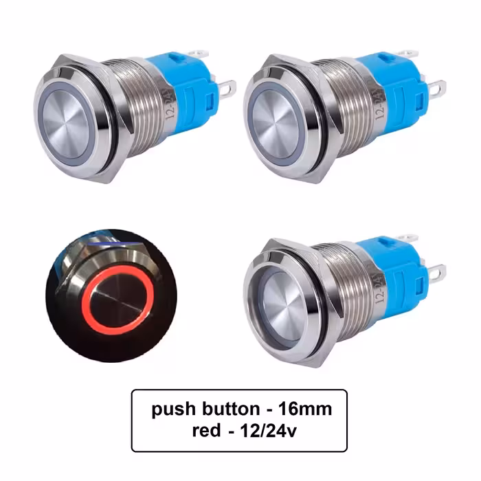کلید شستی استیل قرمز LED دار قطر 12V/24V – 16mm