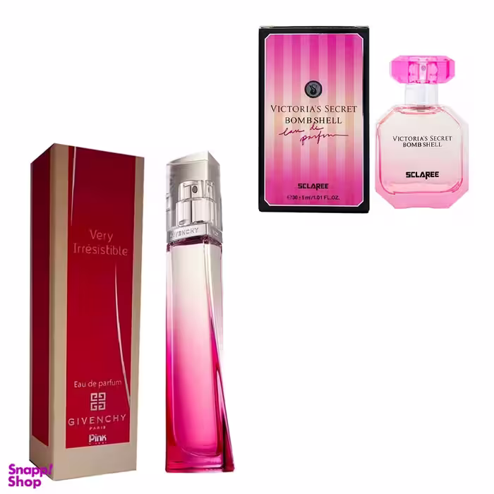 عطر جیبی زنانه پینک ویژوآل زنانه مدل Givenchy Very Irresistible به همراه عطر اسکلاره مدل Victorias Secret Bomb Shell