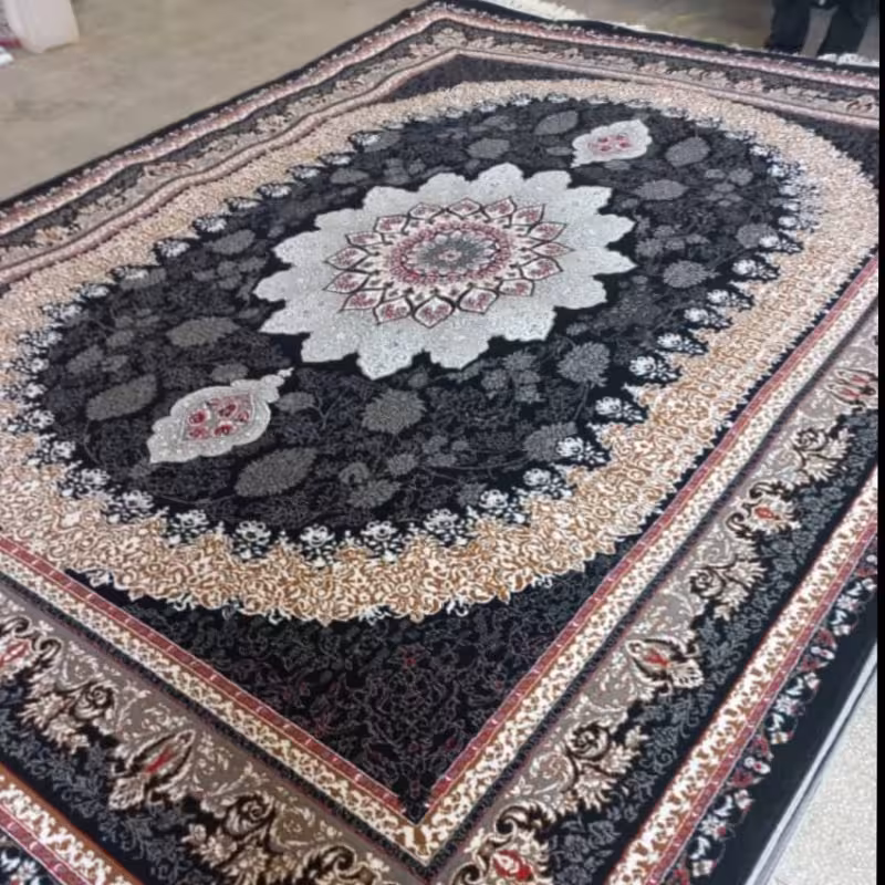 فرش ماشینی 12متری جدید کاشان نقشه زیبای گیتا سرمه ایی بافت نرم و زیبا