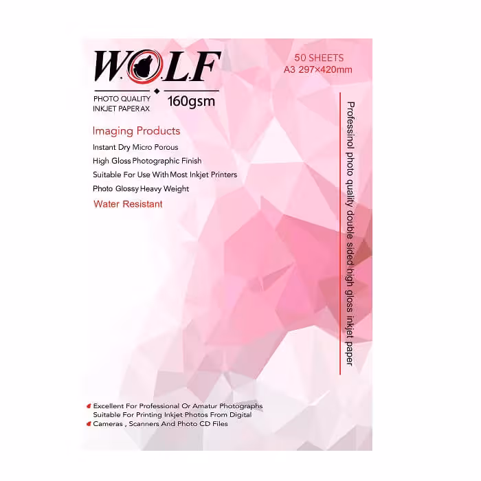 کاغذ فتو گلاسه دورو 160 گرم ولف سایز A3