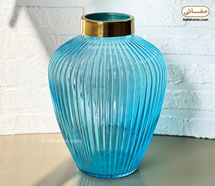 گلدان شیشه ای شیاردار آبی