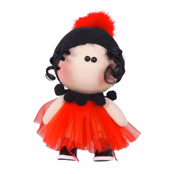 عروسک روسی دختر مو فرفری دامن قرمز 15 سانتی متری