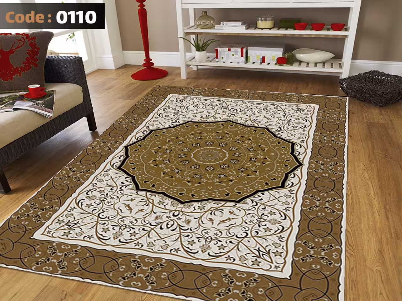 کاورفرش روفرشی دورکشدار گوشه لیفه ای کرم  قهوه ای کد 0110