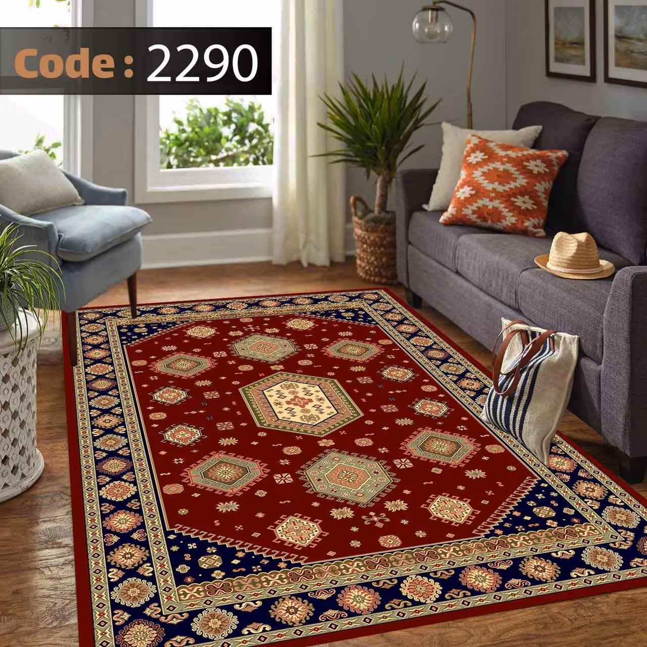 کاورفرش روفرشی دورکشدار گوشه لیفه ای لاکی ، آبی و متنوع کد 2290