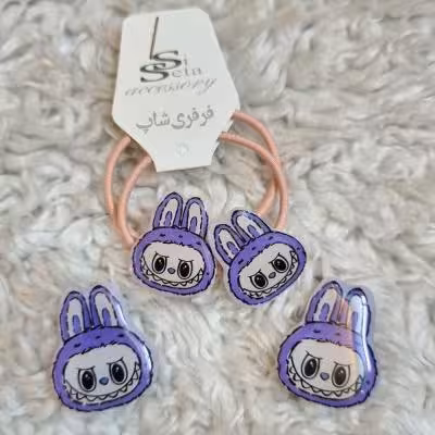 ست کش مو و گیره مو عروسکی دخترانه مدل لبوبو رنگ بنفش