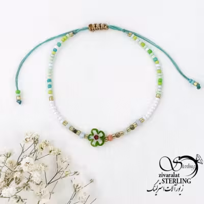 دستبند آسانسوری گل دار با مهره سبز کد 16507